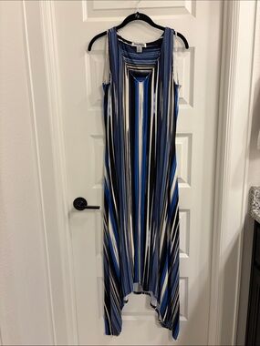 Tommy Bahama Blue, Black & White Vertical Stripe Maxi Dress